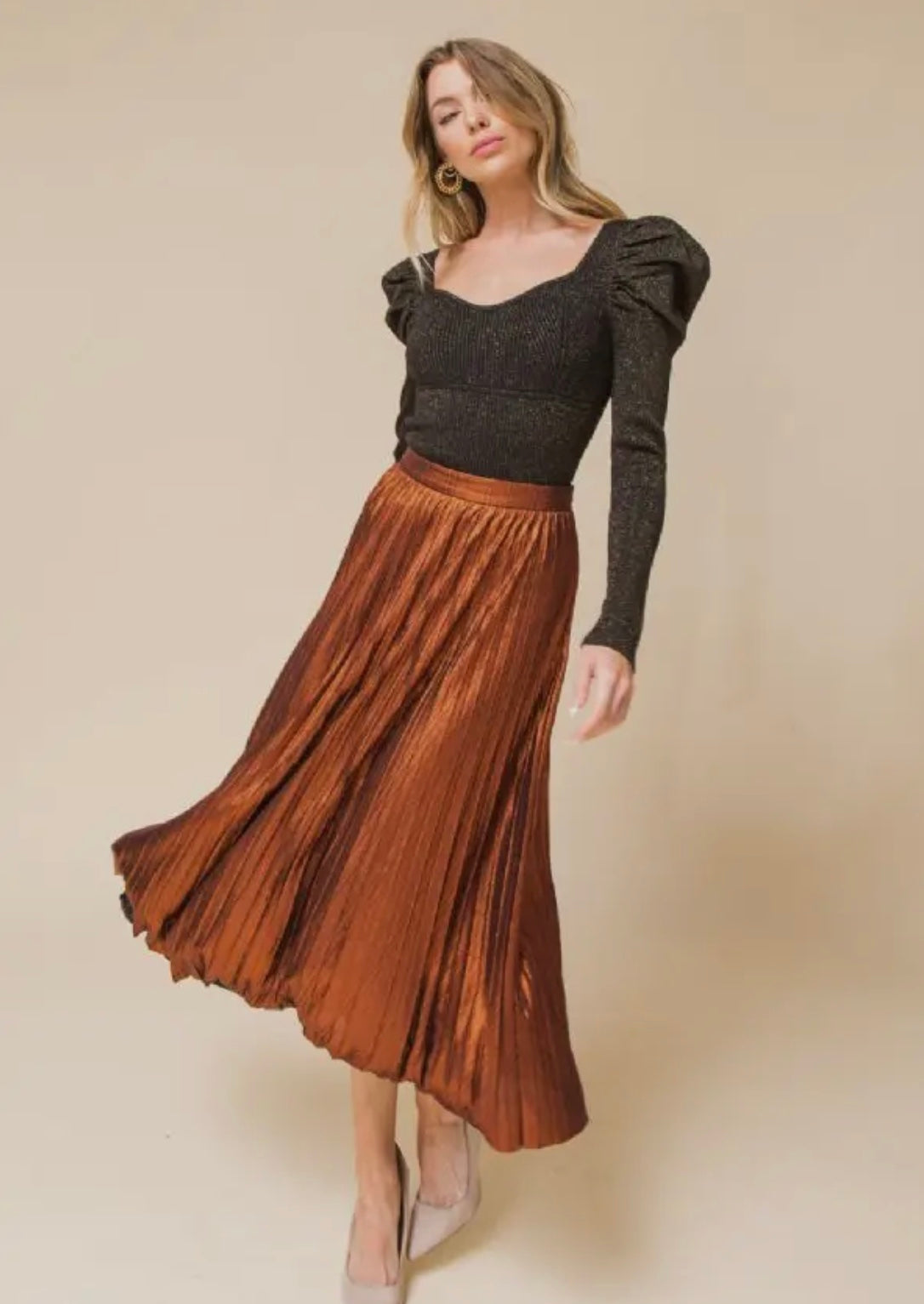 Metallic plated midi skirt