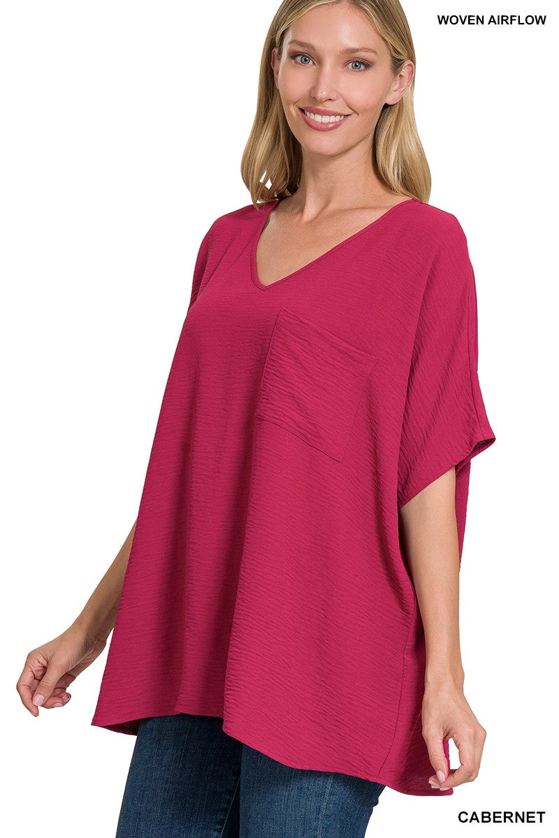 WOVEN AIRFLOW V-NECK DOLMAN SHORT SLEEVE TOP
