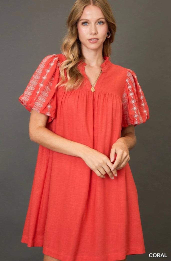 Split neck embroidered midi dress