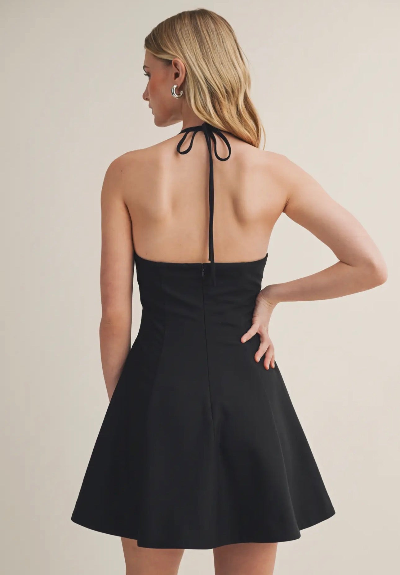 Black Halter Mini Flare Dress