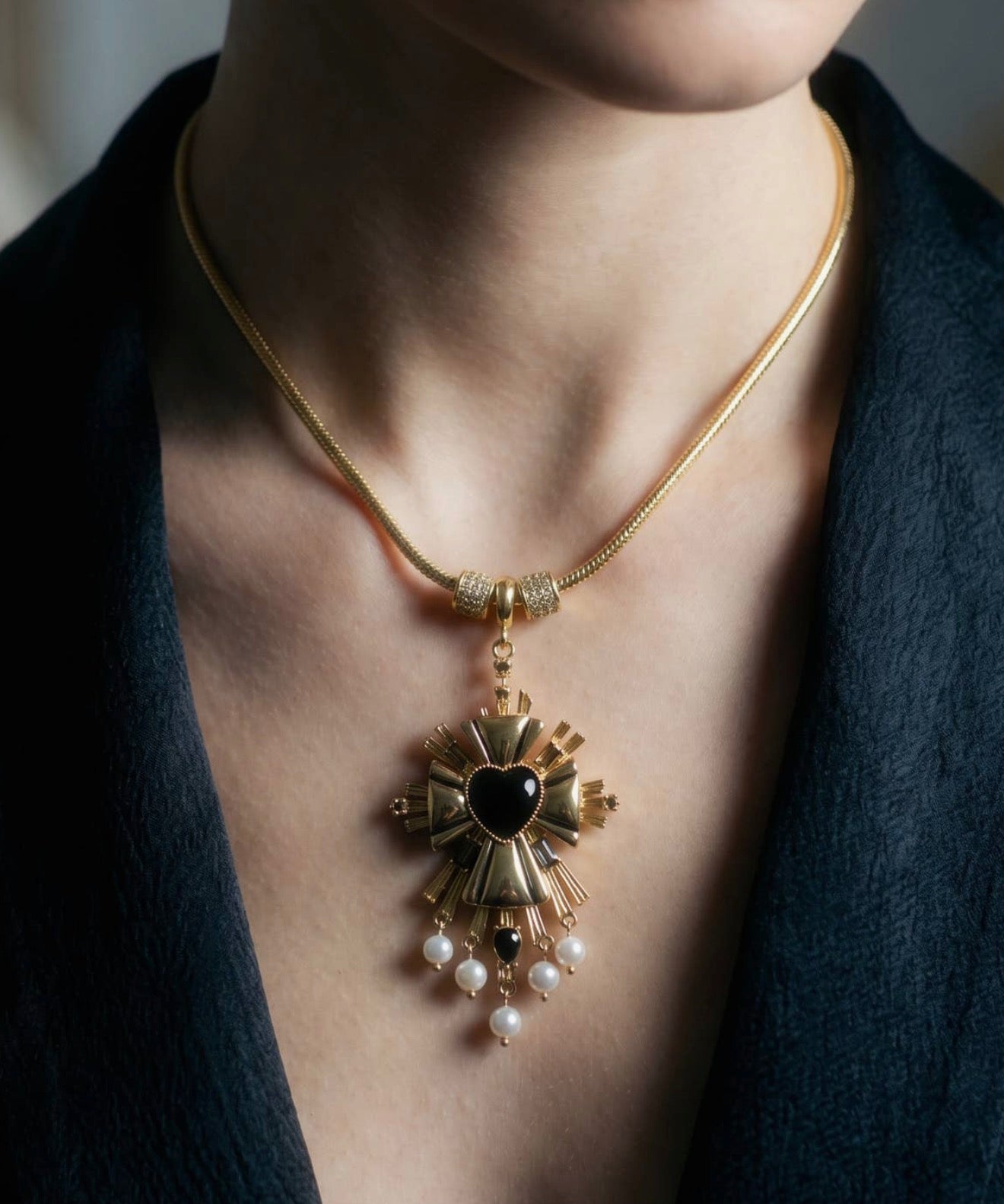 Black cz pearl cross necklace