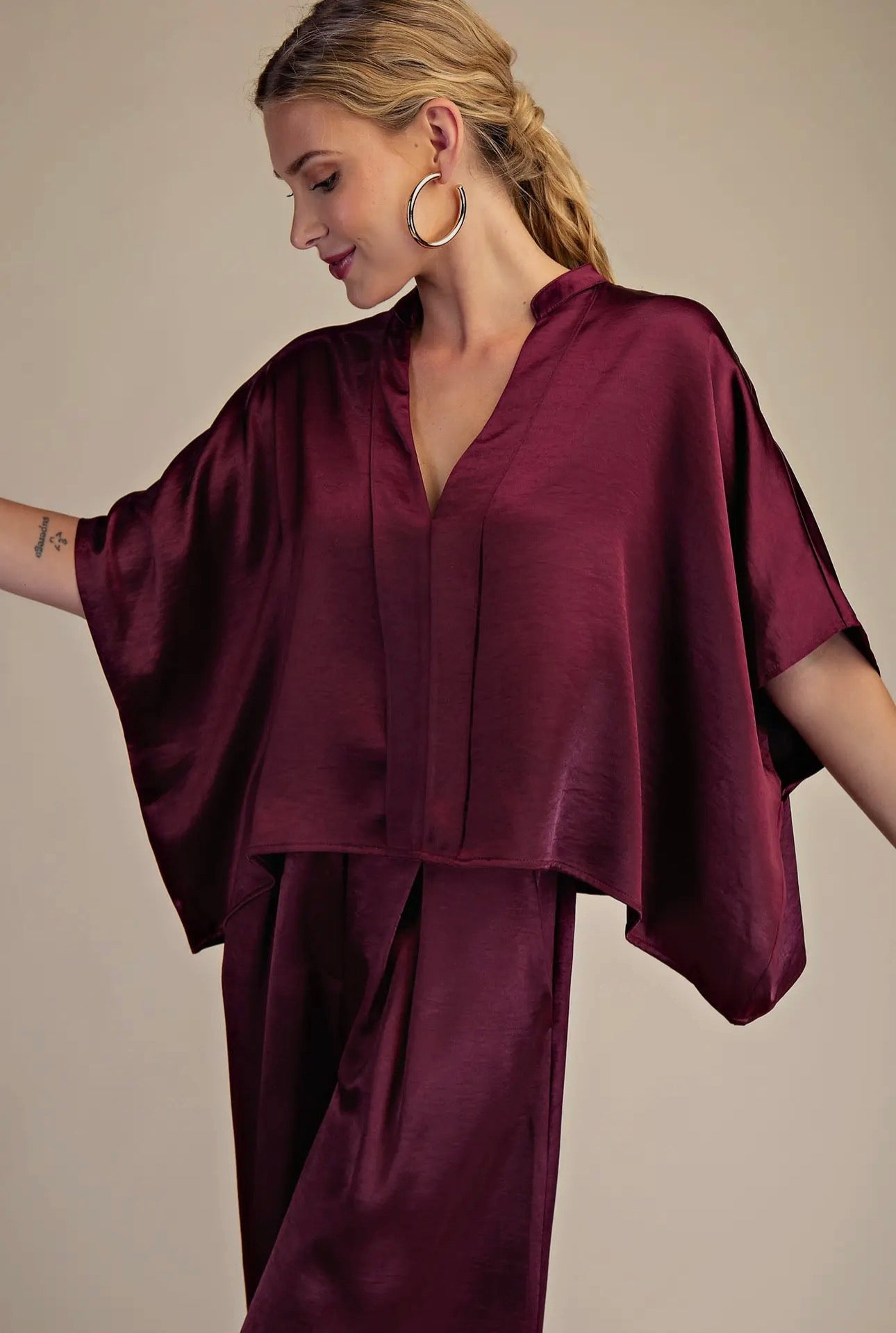 Wine V-neck Oversized Blouse