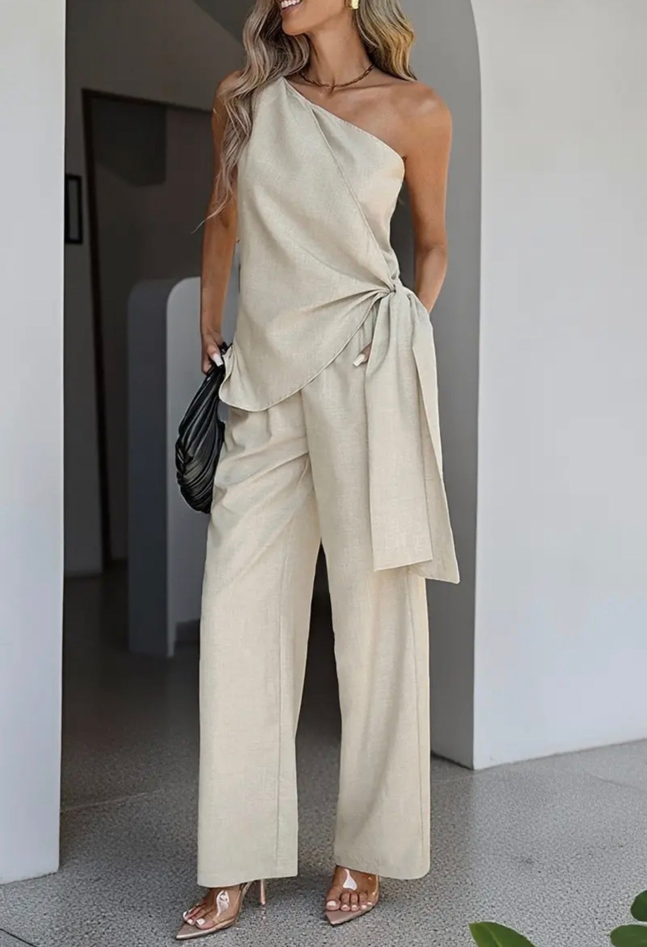 Beige off shoulder suit