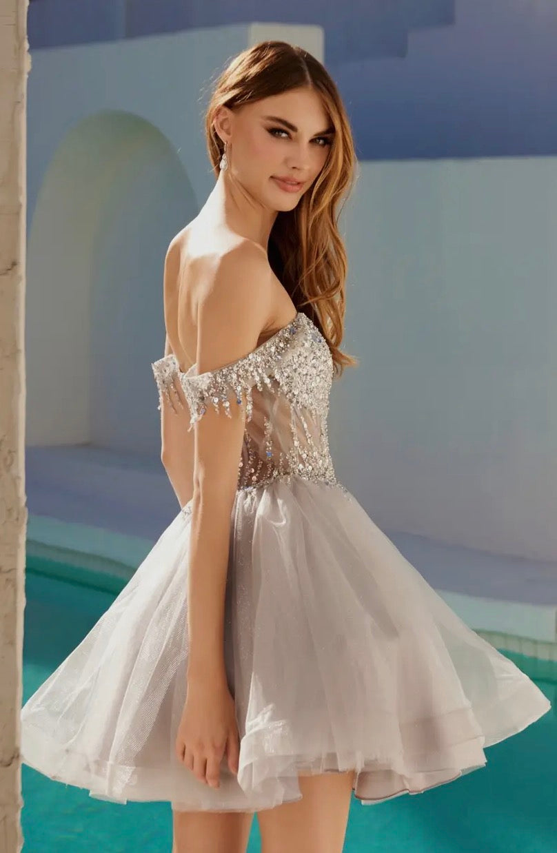 Silver Sequin Off shoulder mini dress