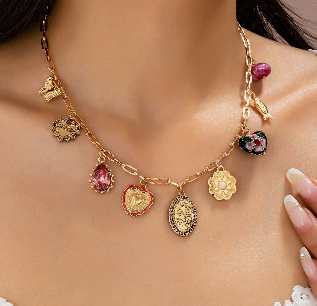 Heart multi charm necklace