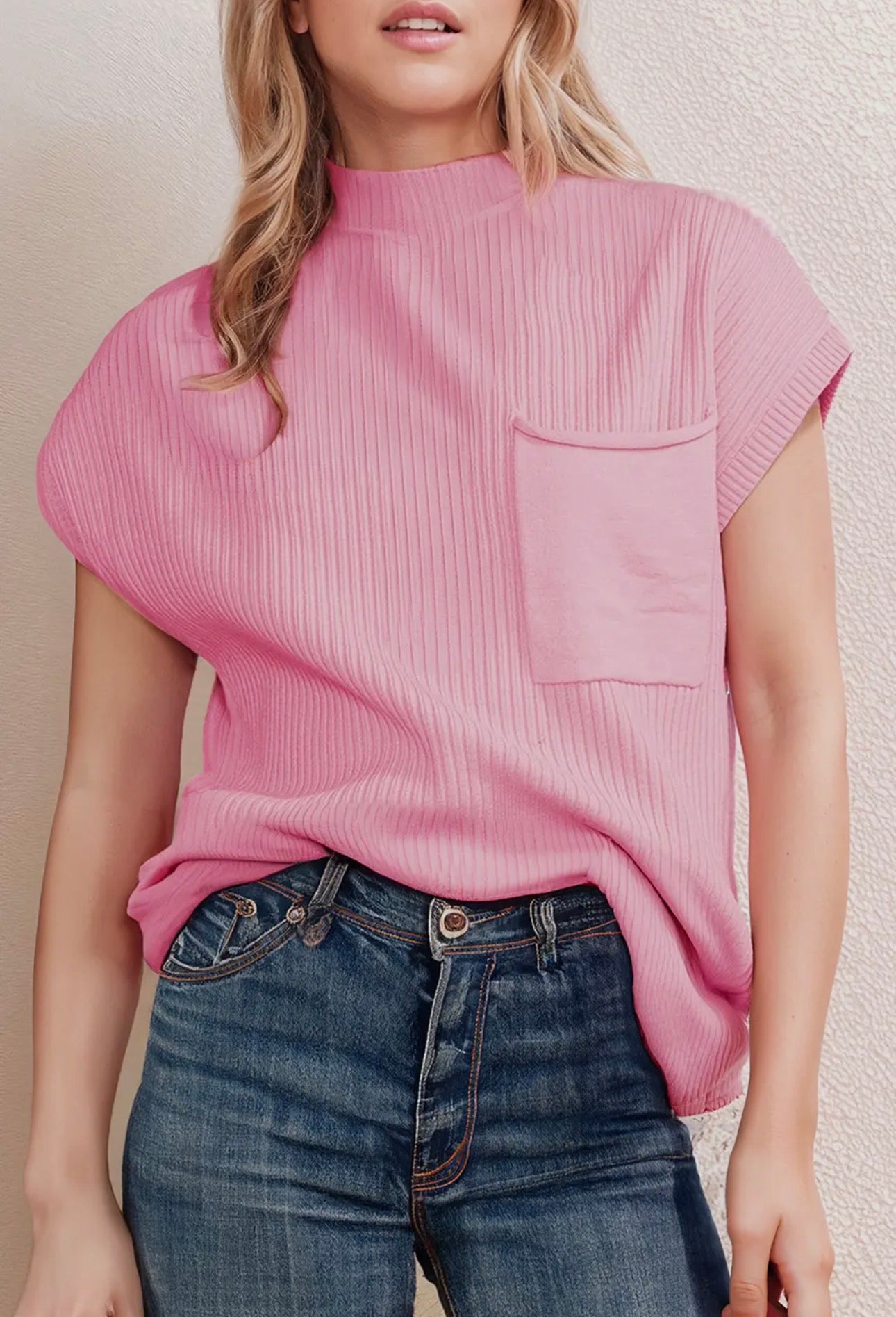 Pink Patch Mock Neck Sweater