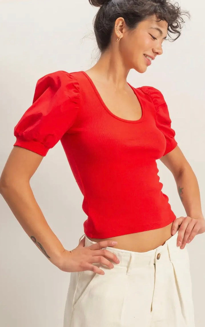 Ribbed puff sleeve top