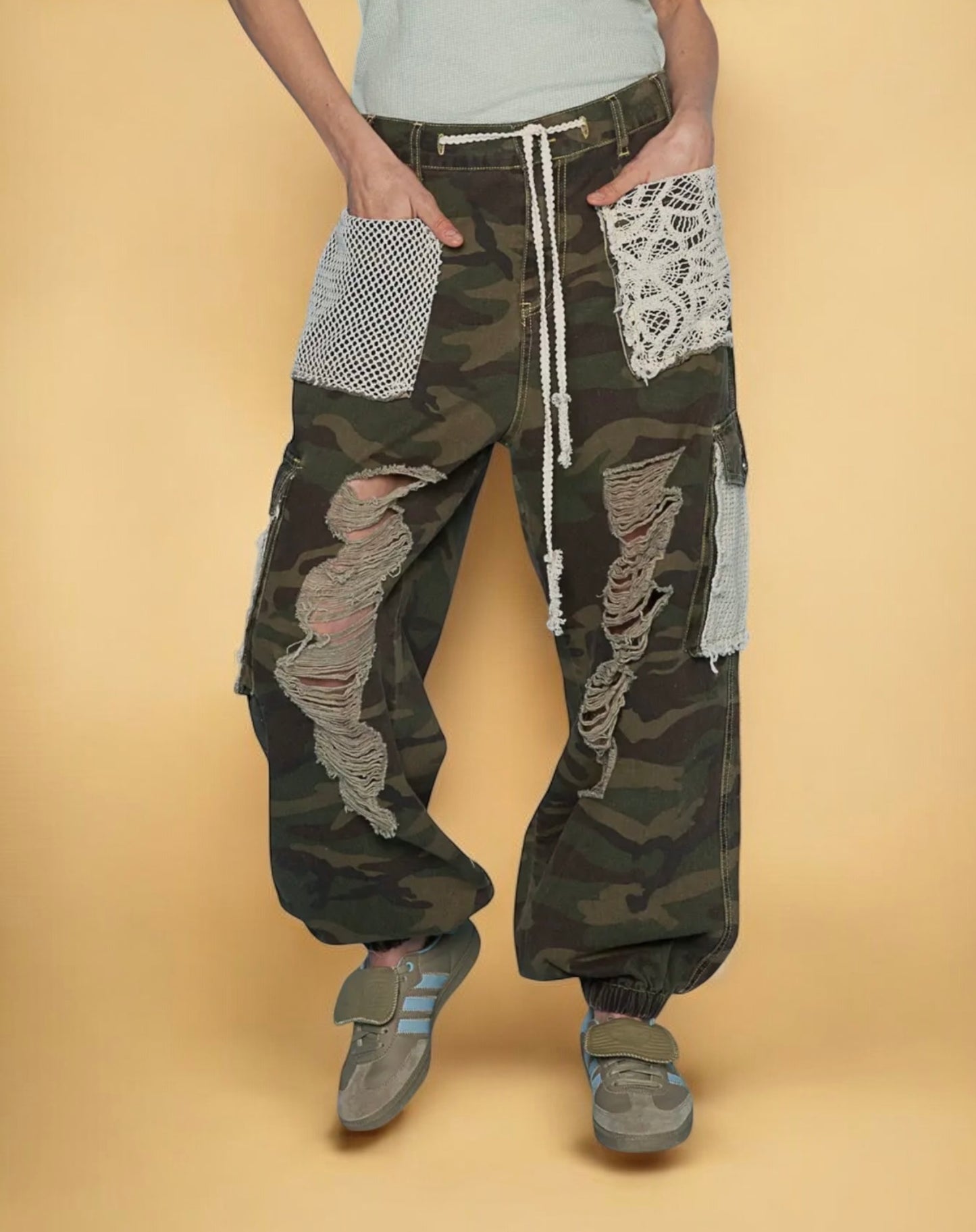 Camo Vintage Wash Crochet Distressed Joggers