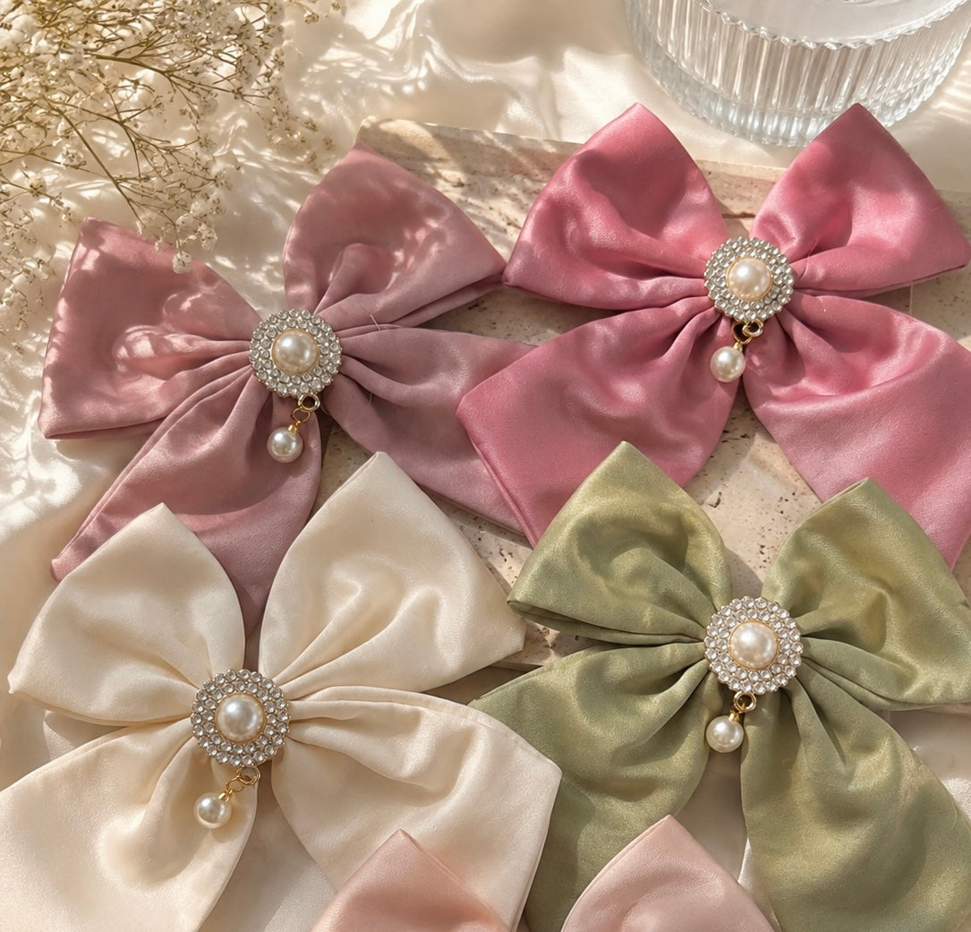 Satin Pearl & Rhinestone Bow Hair Cl