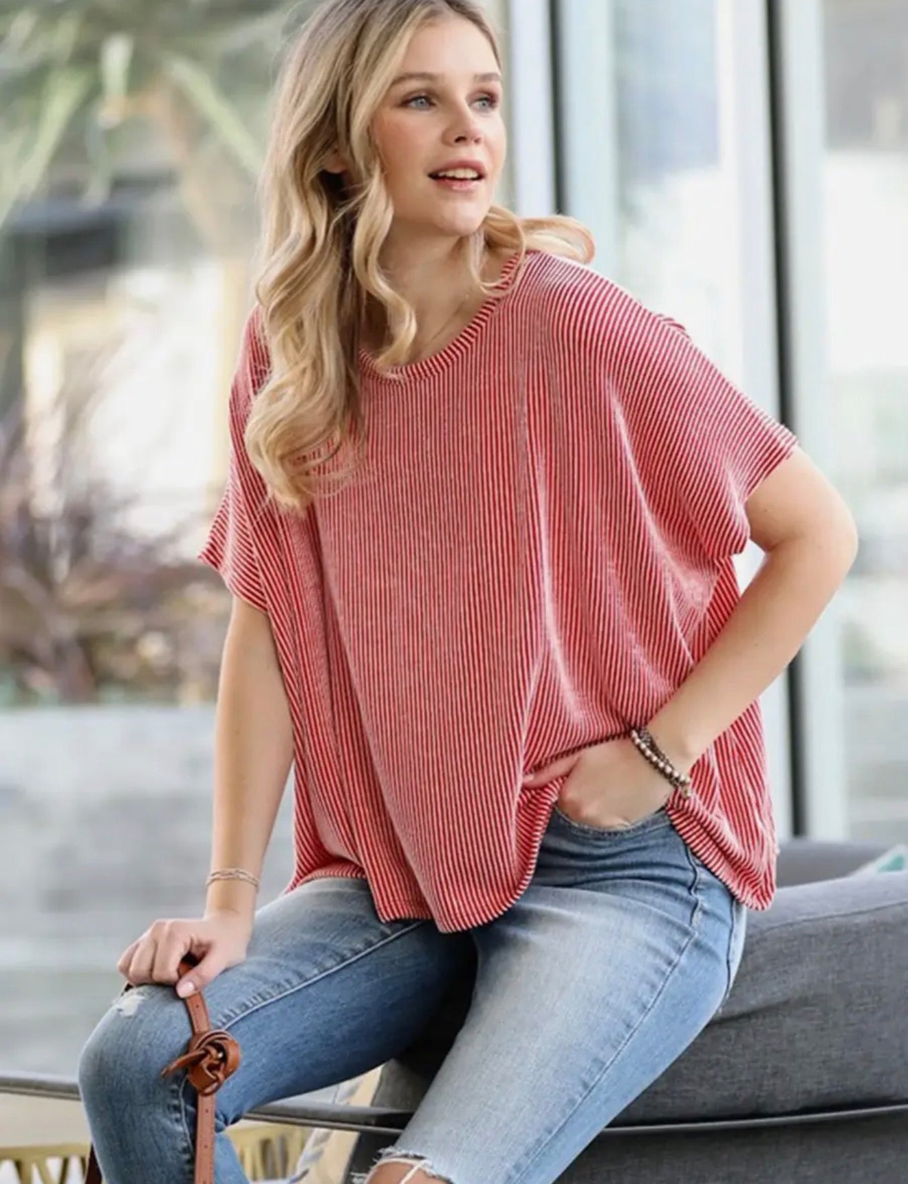 Rib pin striped over sized top