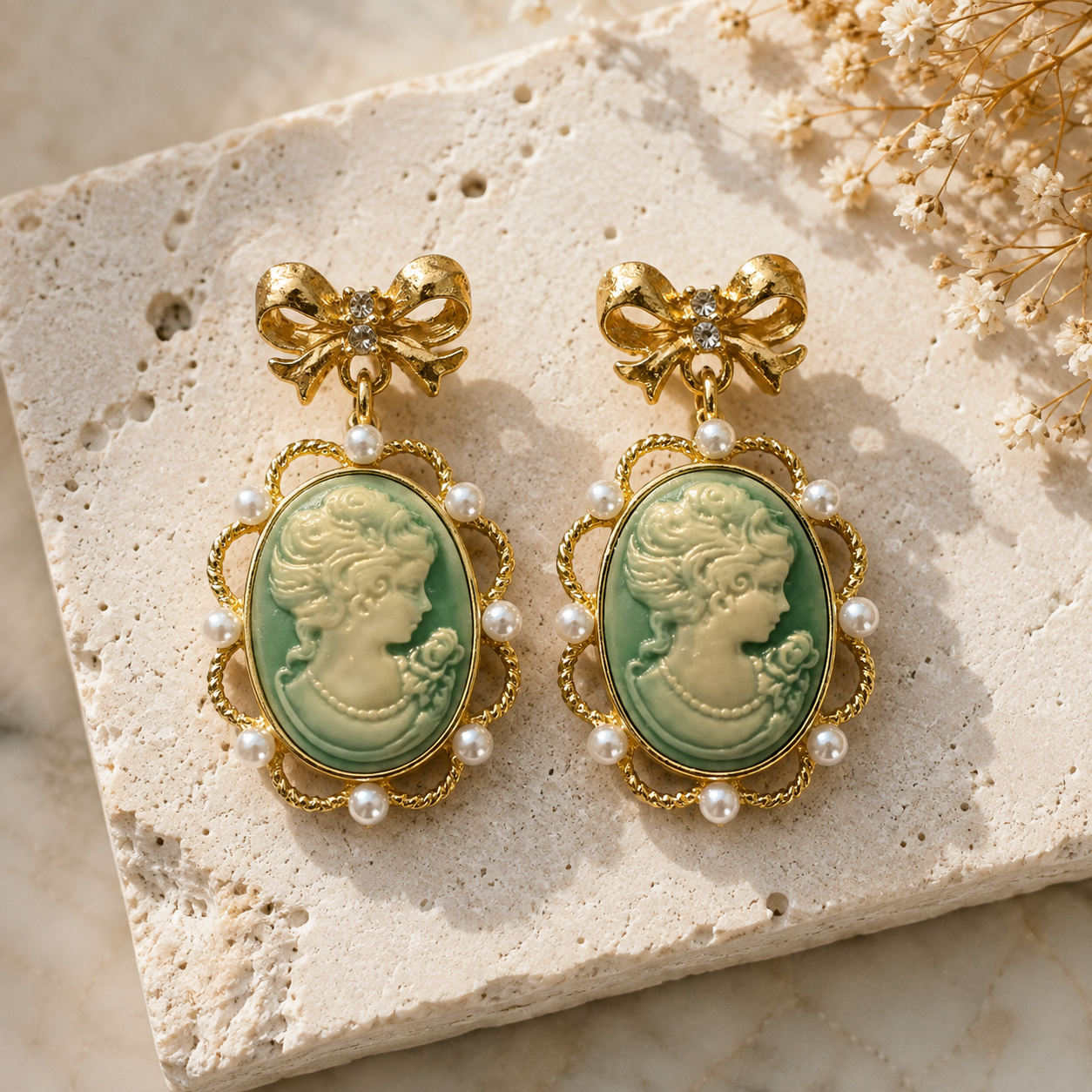 Vintage Sage Cameo Pearl Earrings