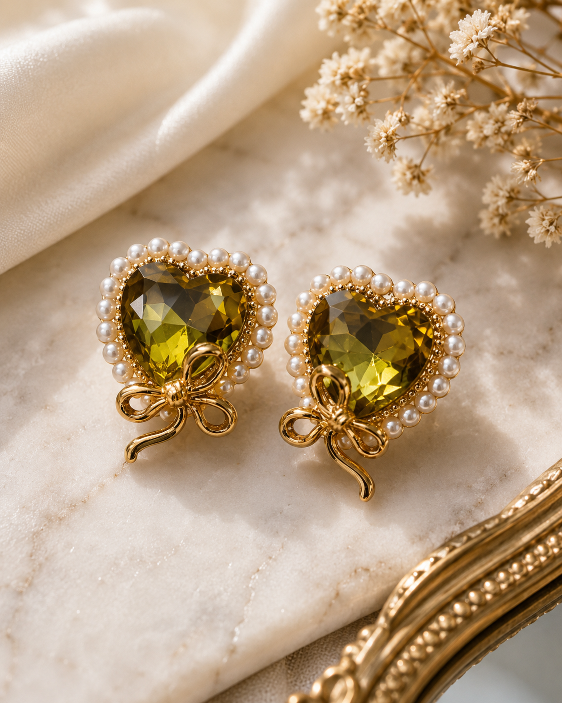 Olive Crystal Heart & Pearl Bow Earri