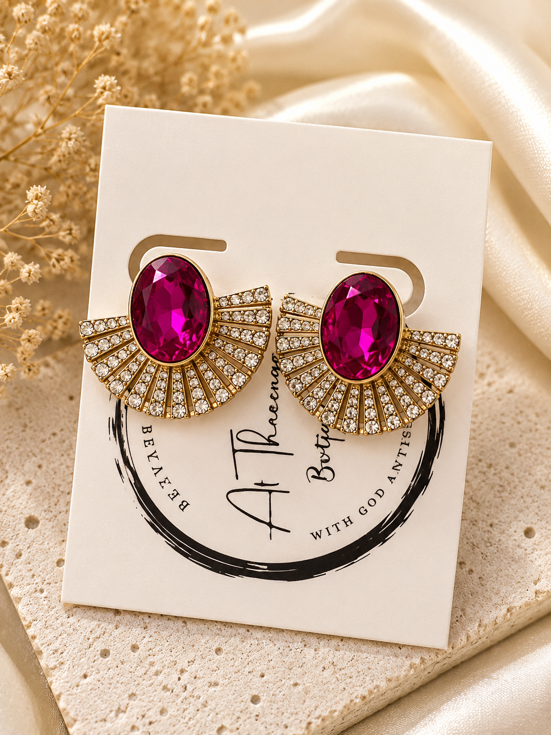 Fuchsia Crystal Fan Statement Earrings