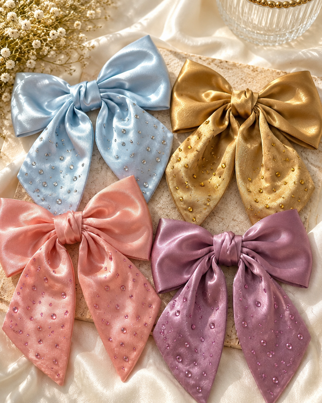 Rhinestone Satin Tail Bow Hair Clips