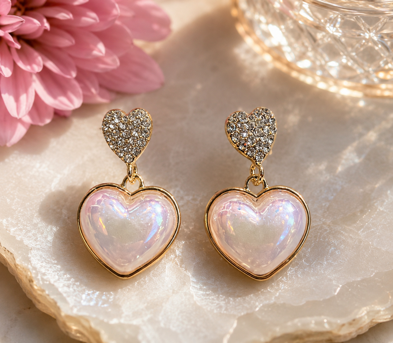 Iridescent Crystal Heart Drop Earrings