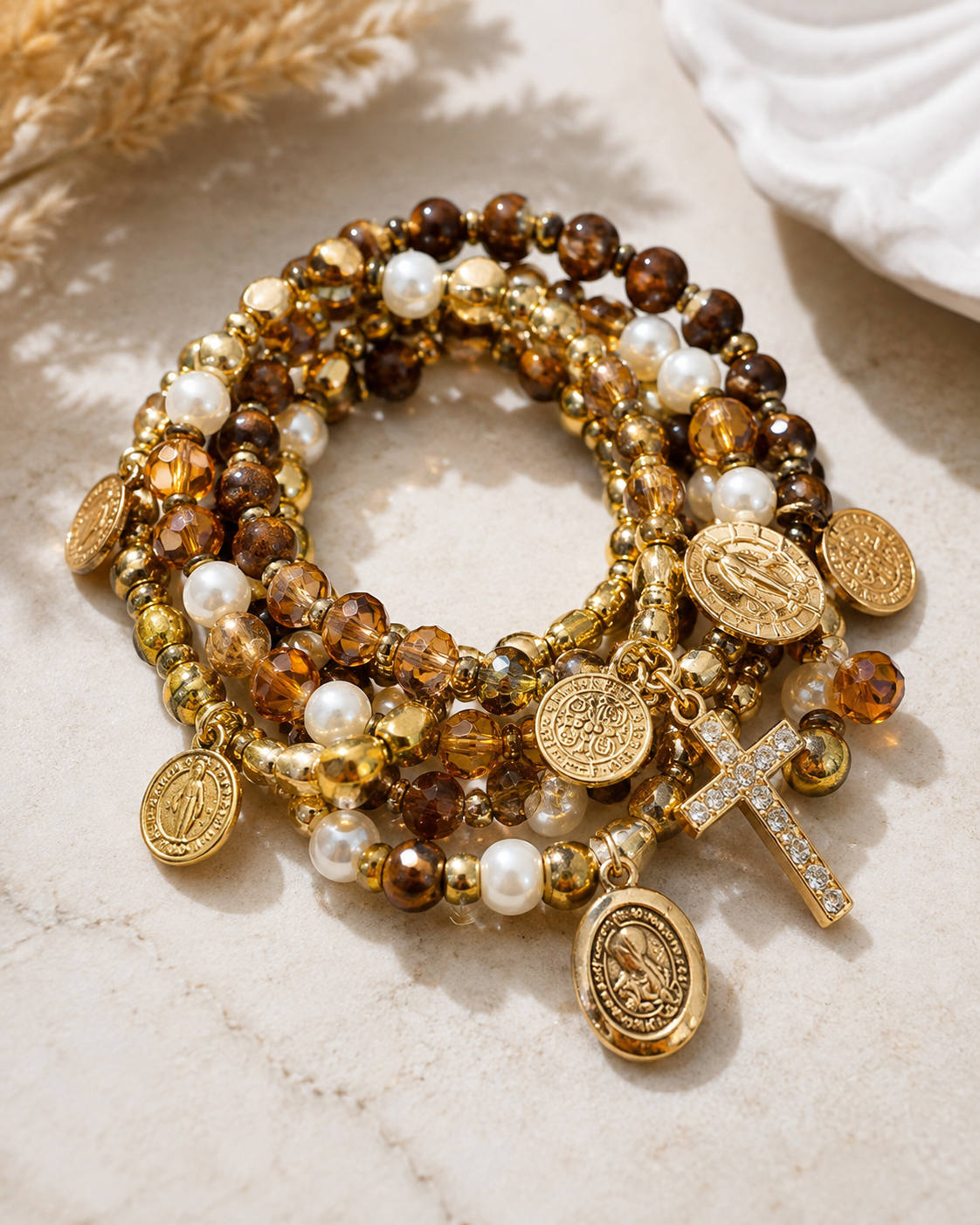Gold & Amber Religious Charm Bracelet Set