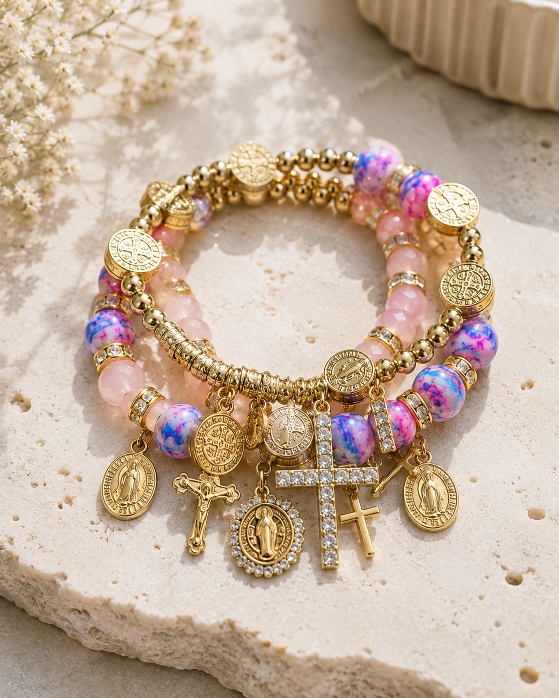Gold & Pink Religious Charm Bracelet Set