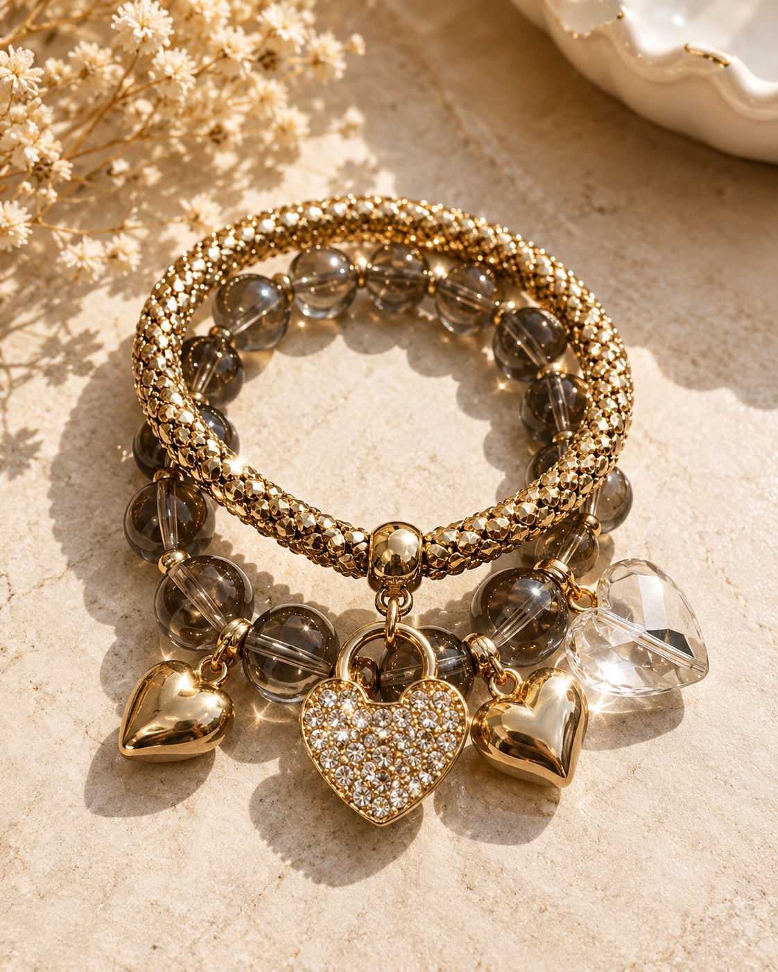 Gold & Smoky Heart Charm Bracelet Set
