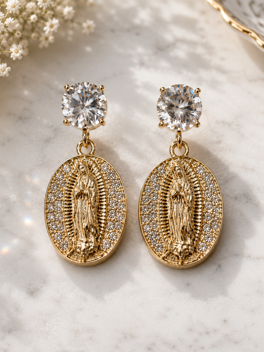 Crystal Virgin Mary Dangle Earrings