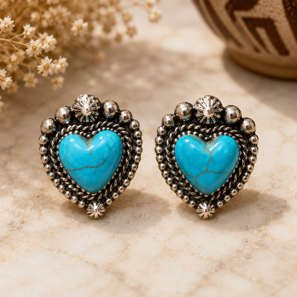 Turquoise Western Heart Stud Earrings