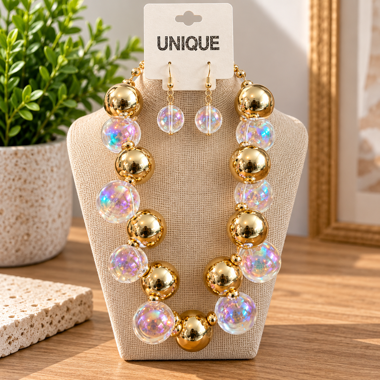 Gold & Iridescent Bubble Bead Necklace Set