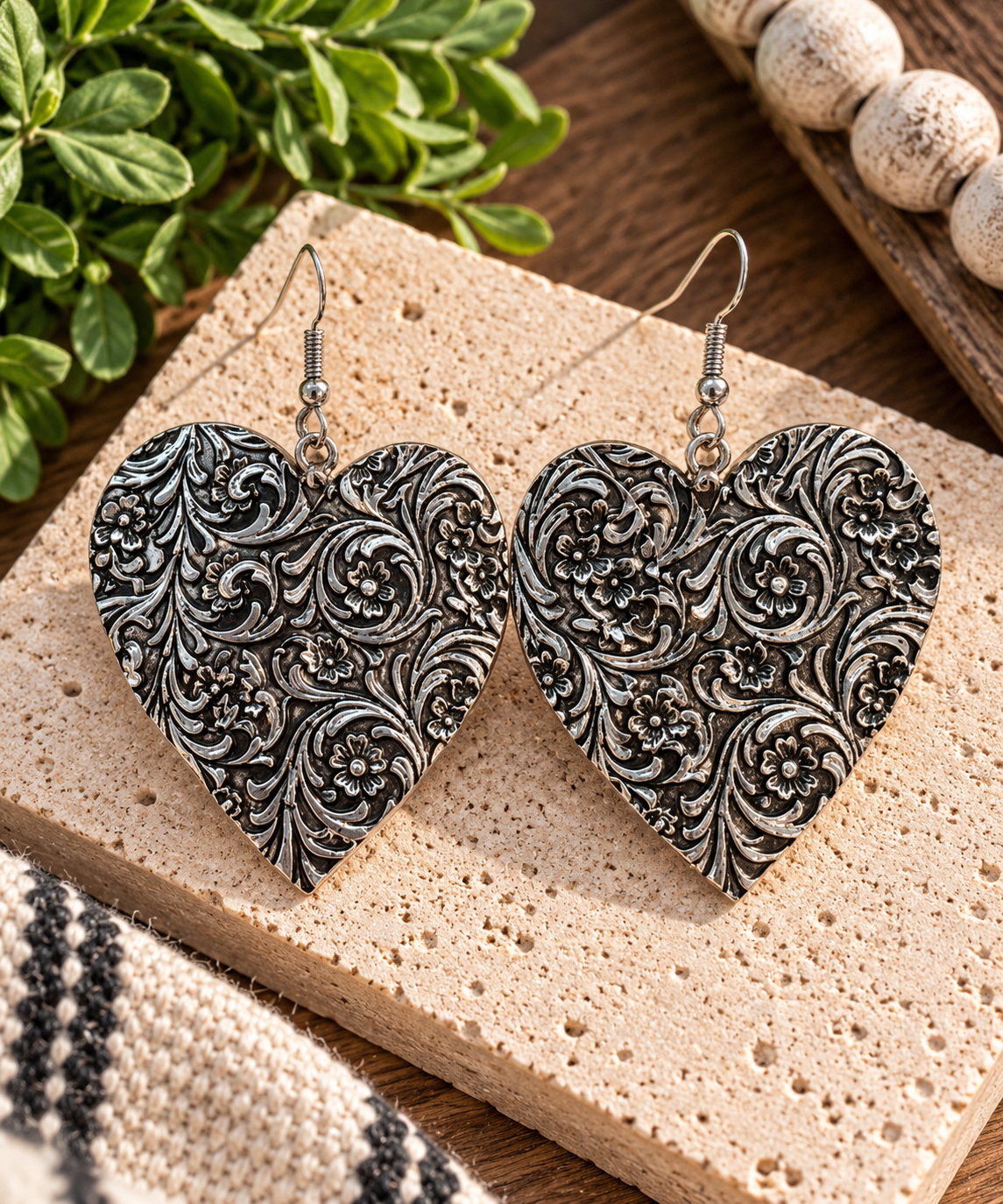 Western Tooled Silver Heart Earrings