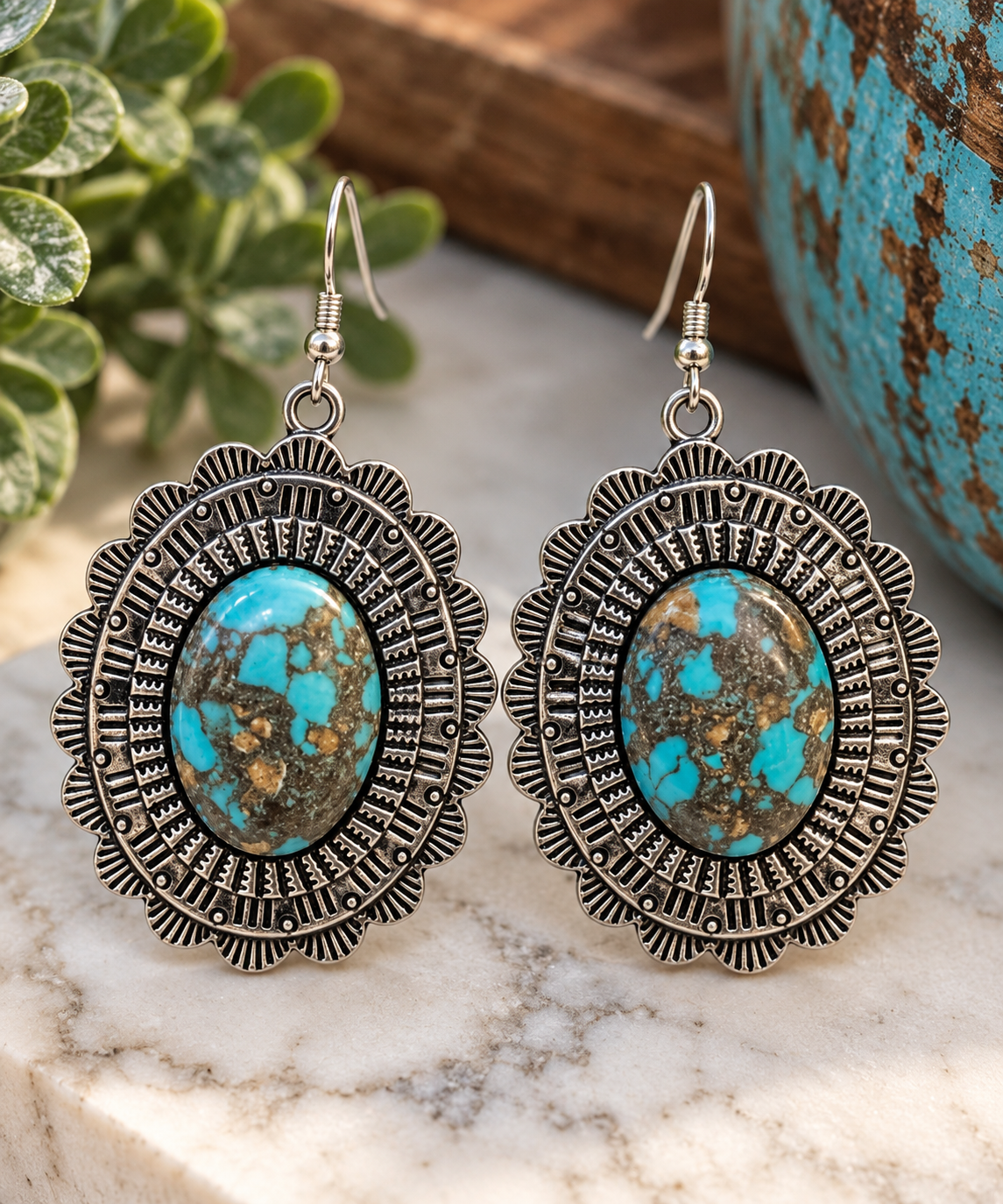 Turquoise Matrix Concho Earrings