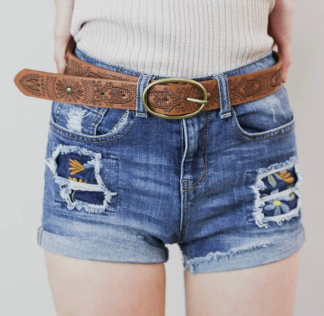 Brown Floral Stitch Buckle Belt