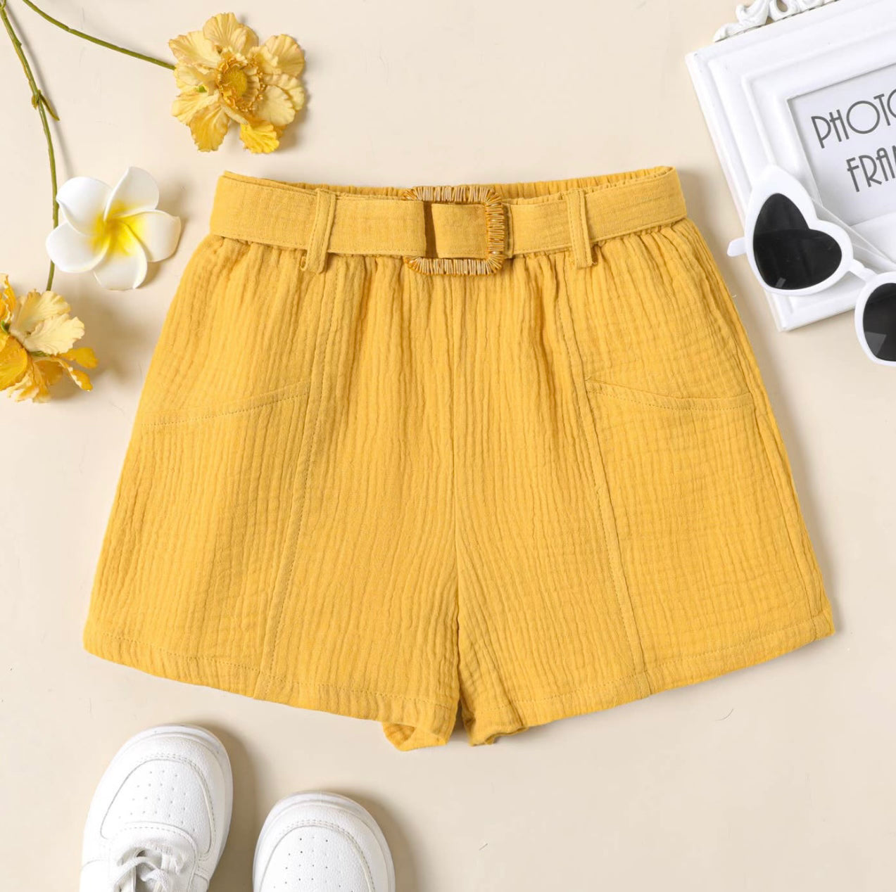 Yellow Textured Adjustable Shorts
