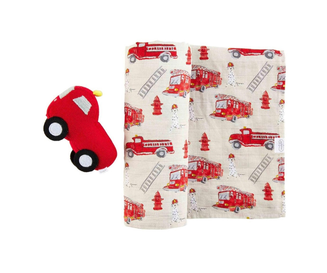 Fire Truck Swaddle & Rattle Set