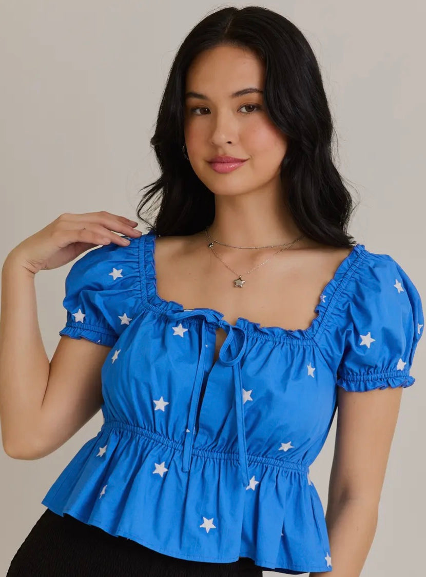 Blue Baby Crop Top with Embroidery Stars