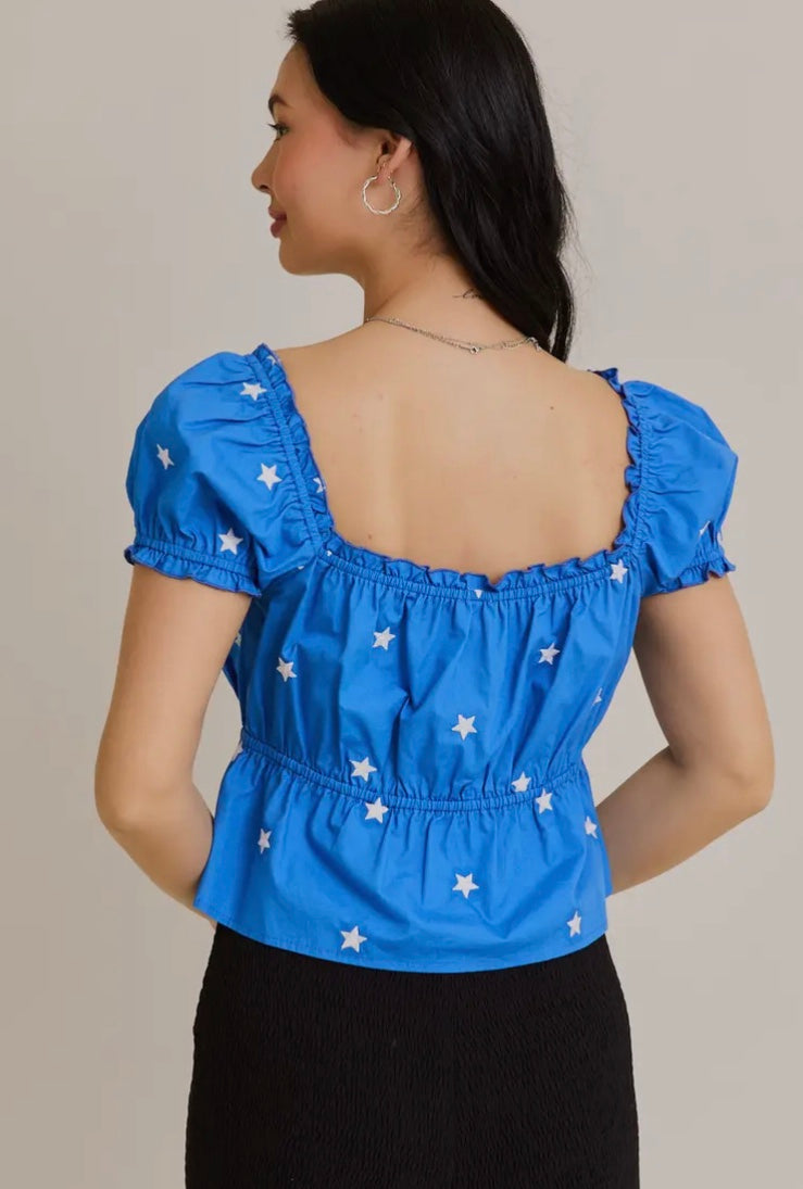 Blue Baby Crop Top with Embroidery Stars