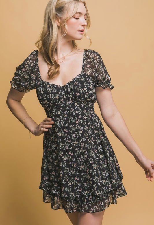 Black Twirl Floral Romper