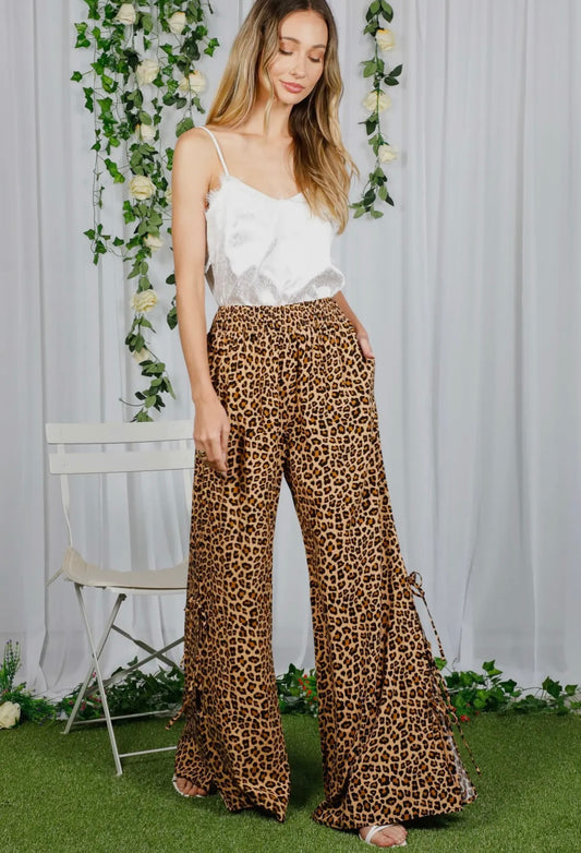 Cheetah Printed Wide-Leg Pants Side Slit with Tie