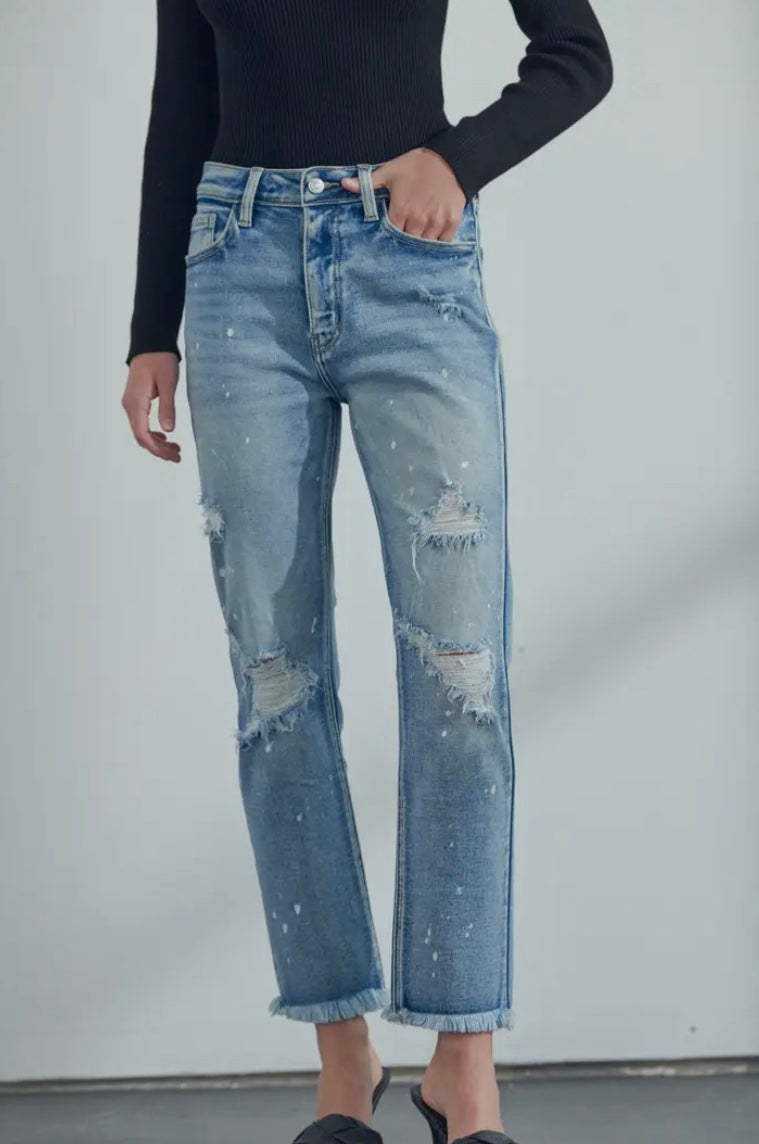 High rise distressed straight frayed hem jeans