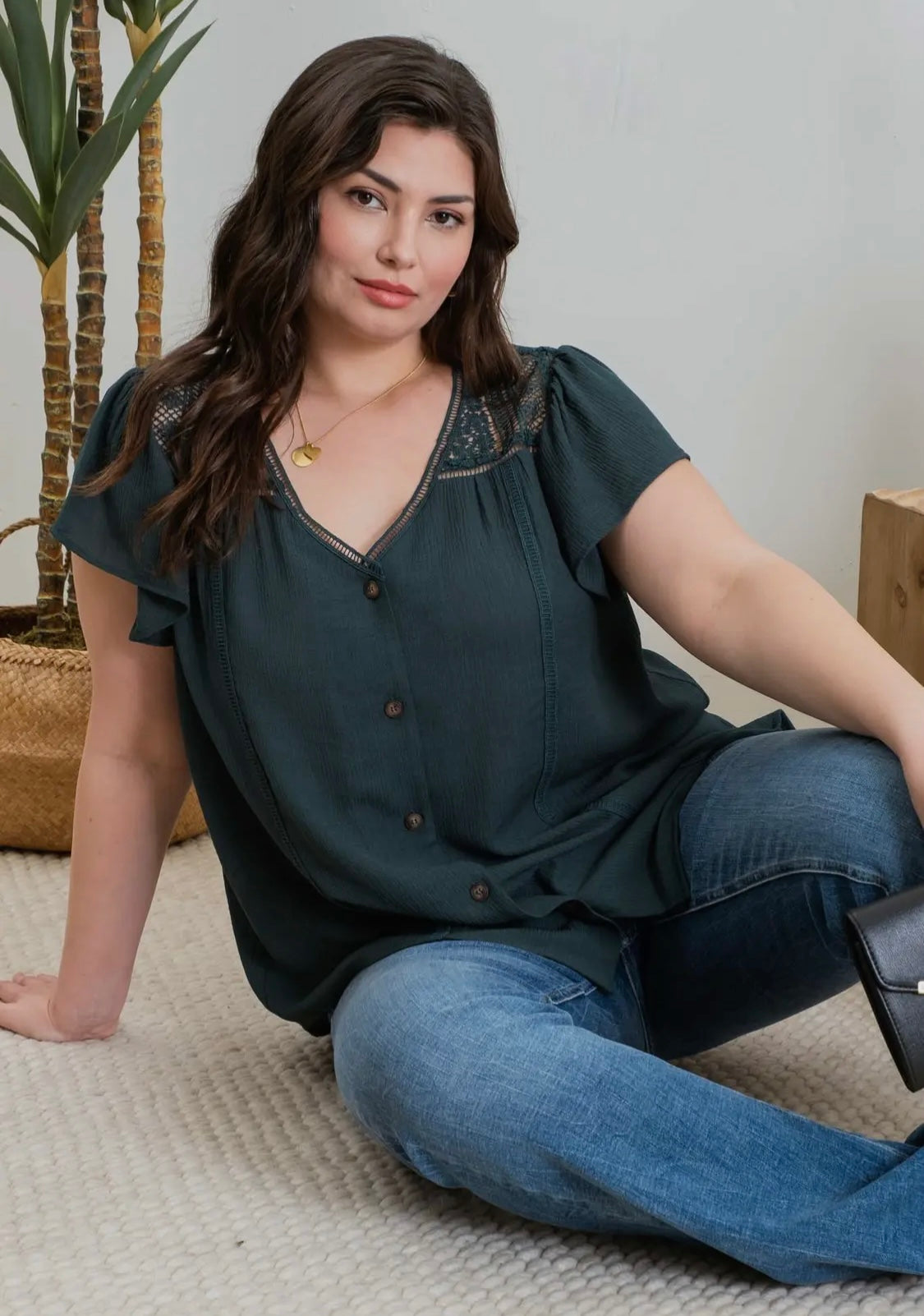 Eyelet Yoke V Neck Button Down Blouse