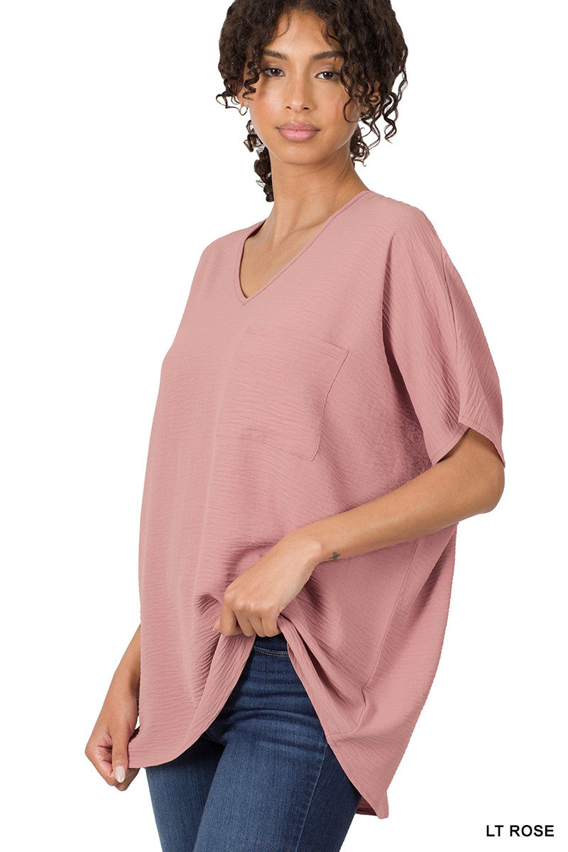 WOVEN AIRFLOW V-NECK DOLMAN SHORT SLEEVE TOP