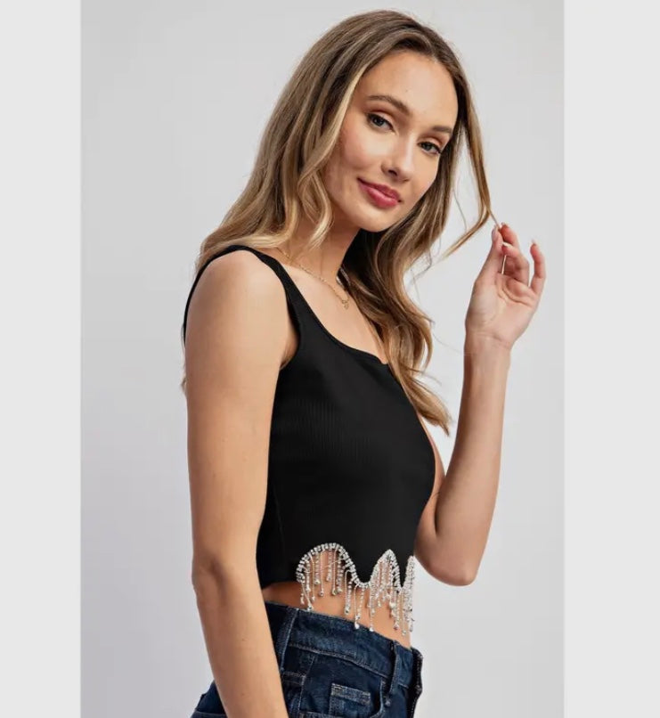 Black rhinestone fringe crop