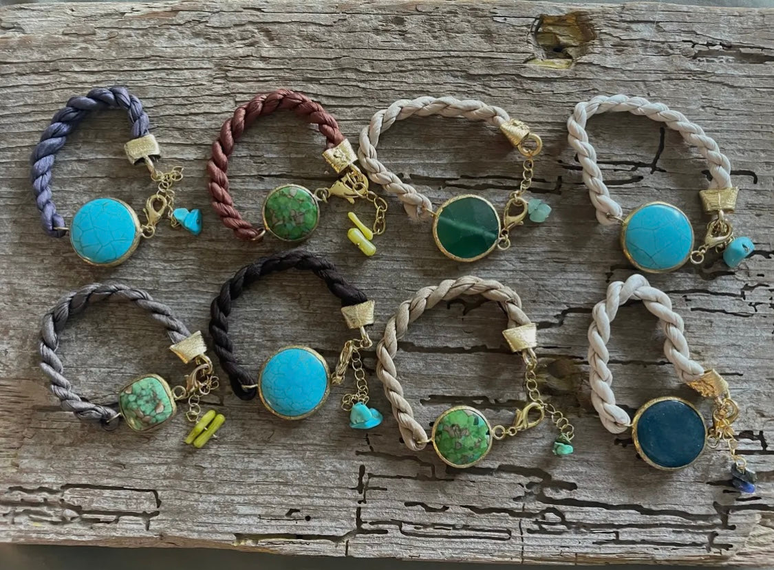 Upcycled Stone & Silk Adjustable Bracelet