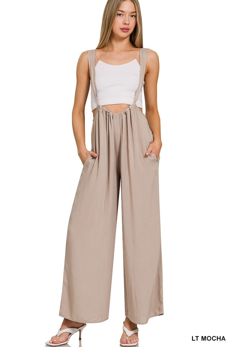 Light mocha WOVEN TIE BACK SUSPENDER JUMPSUIT WITH POCKETS- ADJUSTABLE STRAPS