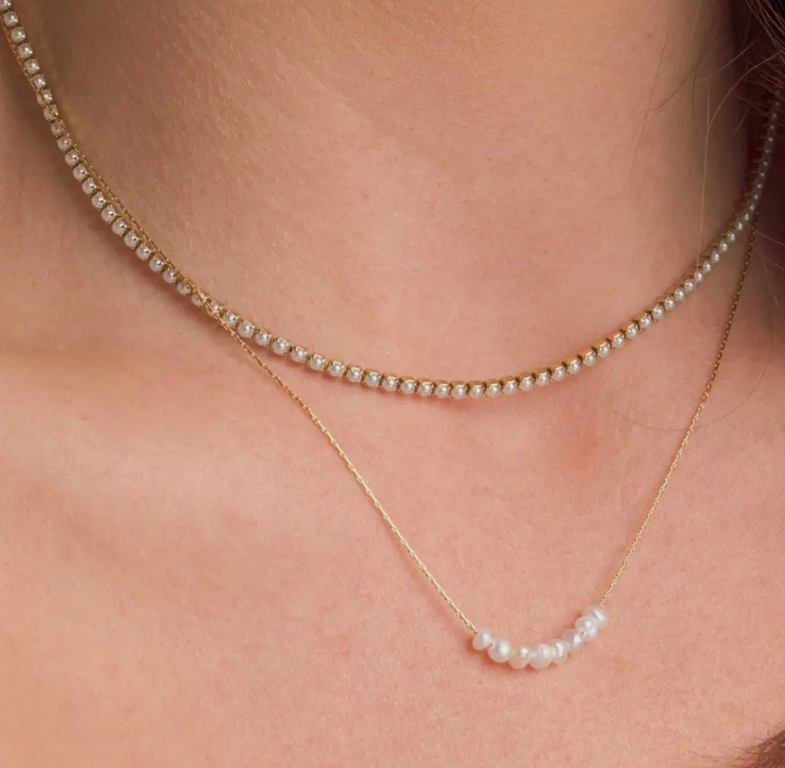 Micro Gold Pearl Tennis Necklace