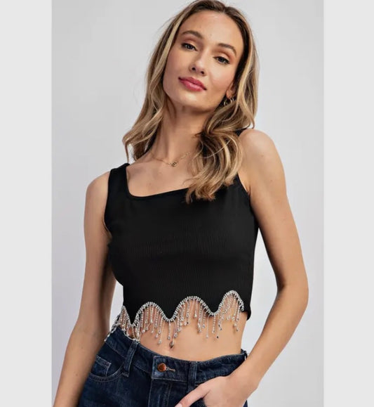 Black rhinestone fringe crop