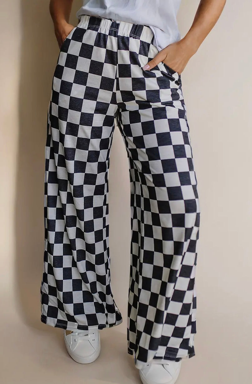 Checkered print wide leg pant