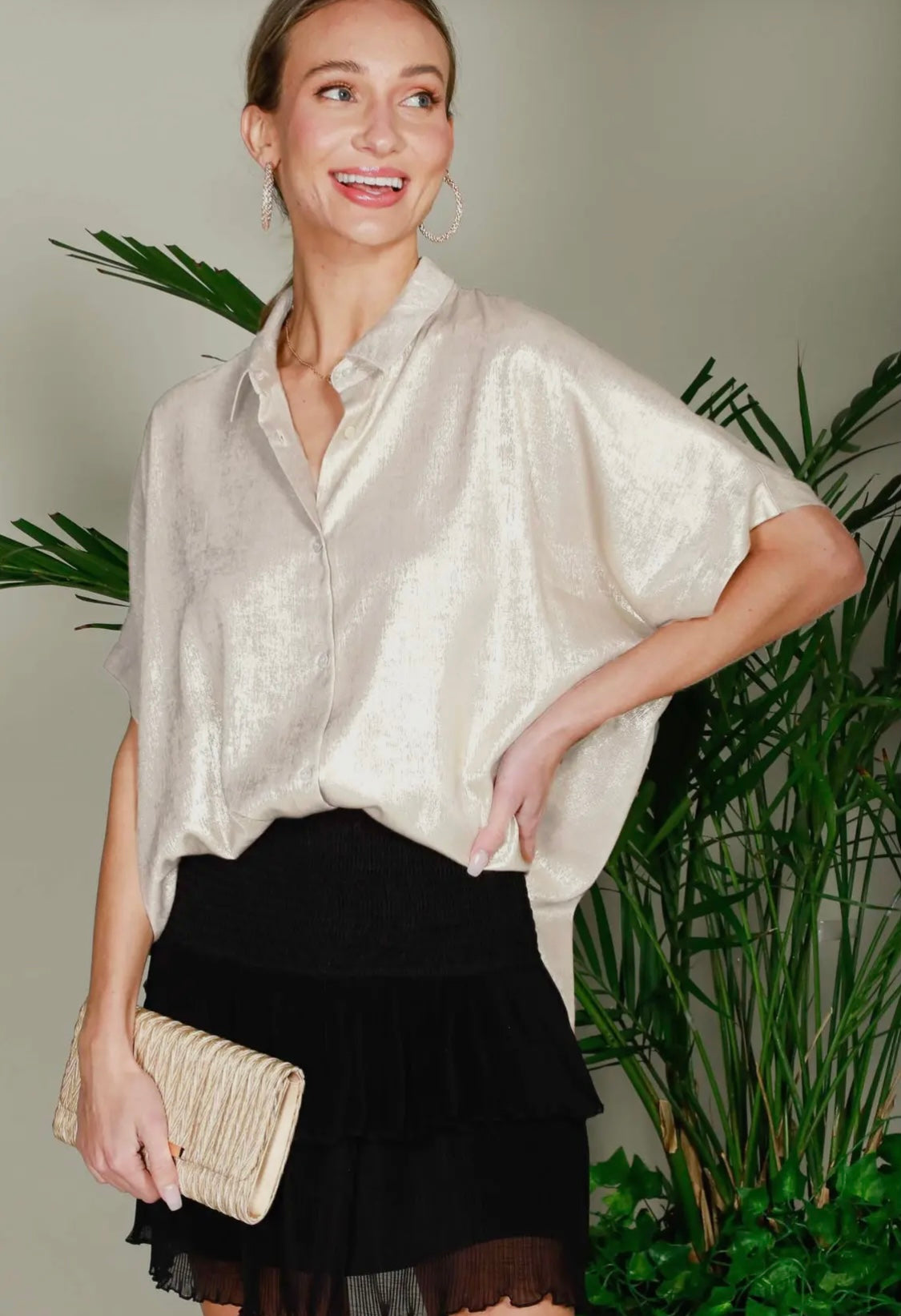 Metallic Button Up Blouse