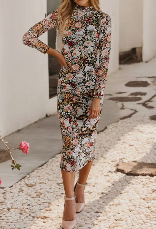 Floral Mesh Ruched Midi Dress