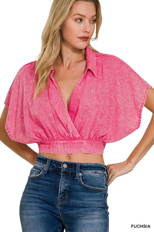 WASHED LINEN BANDED HEM SURPLICE CROPPED TOP