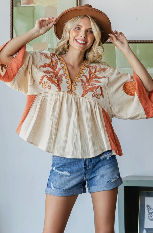 Brick Vintage Embroidered Gauze Top