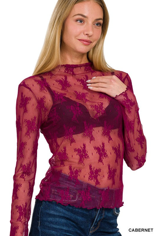 Burgundy floral lux mesh top