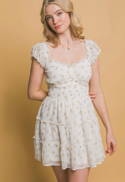 Beige Floral Ruffle Dress