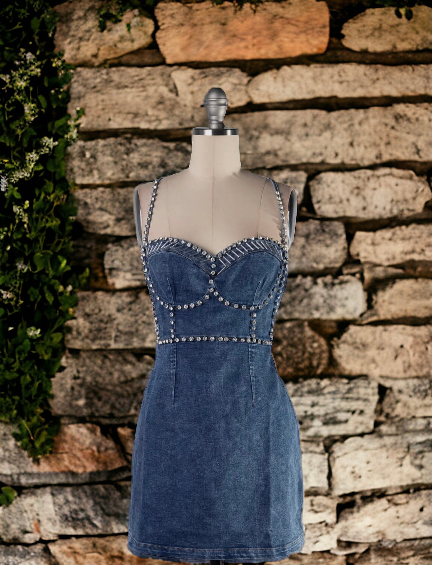 Love Story Denim Rhinestone Dress At The Crossing Boutique